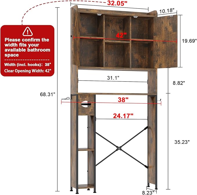 EasyCom Over The Toilet Storage Cabinet with Metal Frame and 7 Storage Shelves, Bathroom Organizer with Adjustable Shelves and Paper Holder, Farmhouse Storage Cabinet for Bathroom,Laundry,Rustic Brown