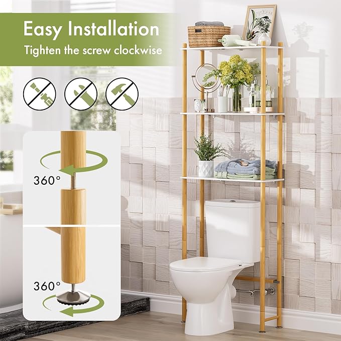 AmazerBath Over The Toilet Storage Bamboo, Bathroom Storage Organizer Shelf, 3-Tier Above Toilet Storage Rack, Space Saver, White and Natural Color