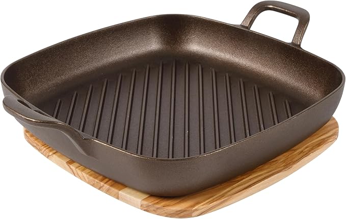 Bloomhouse 12" Cast Iron Skillet w/Long Handle, 2 Time Oprah's Favorite Things Winner - Natural Bronze Finish Cast Iron Frying Pan & Olive Wood Trivet – Olive Oil Treated Pan, Oven & Stovetop Safe