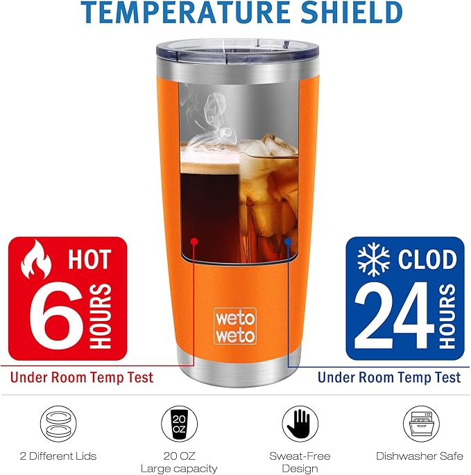 WETOWETO 20oz Insulated Stainless Steel Tumbler, Double Wall Vacuum Leak-proof Travel Coffee Mug, Powder Coated Water Cup (Orange, 1 Pack)