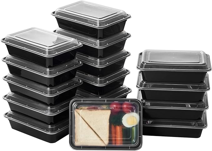 Jaluxing 50 Pack Meal Prep Plastic Food Storage Containers With Lids 28 oz 1 Compartment Black Rectangular To Go Lunch Prepping Boxes BPA-Free Microwavable Freezer Safe Stackable (Formerly FULING)
