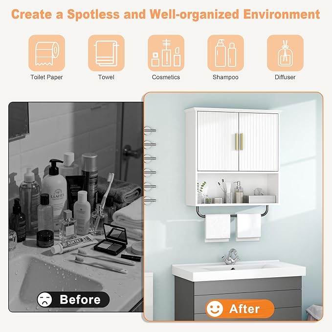 Bathroom Wall Cabinet with Towel Bar, 2 Doors & Adjustable Shelves - Space Saving Wood Wall Mounted Medicine Cabinet Storage Organizer for Bathroom, Laundry, Kitchen, Living Room (White)