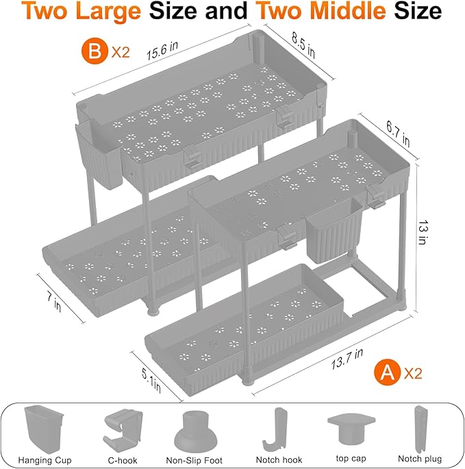 Under Sink Organizer, Bathroom Organizers and Storage, 2 Tier Multi-Use Pull Out Cabinet Organizer with Hang Hooks and Cups (Gray, 4 Pack)