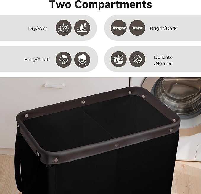 StorageWorks 2 Section Laundry Hamper, Rolling Laundry Cart with Wheels and Handles, Laundry Room Double Sorter for Organizer and Storage, 26.4 Gal(100L), Black