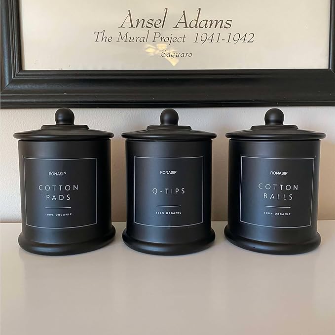 3 Pack Qtip Holder Dispenser, 16oz Bathroom Organizer and Storage Canisters, Glass Apothecary Jars with Lid - Home Decor, Room Decor Aesthetic (Black)