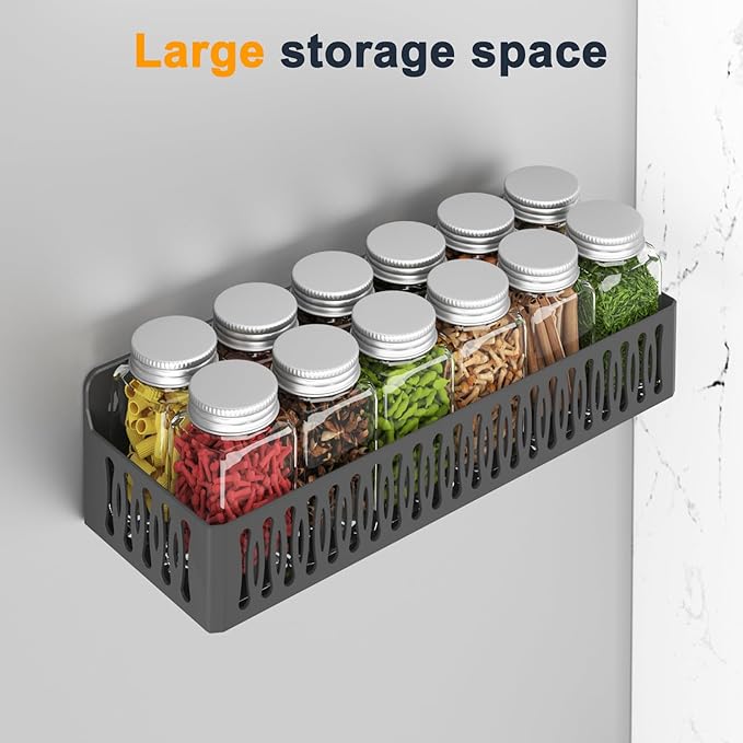 4 Pack Large Magnetic Spice Rack for Refrigerator, Spice Rack Organizer, Moveable Magnetic Shelf Fridge Organizer with 4 Hooks for Kitchen and Oven Organization, Black