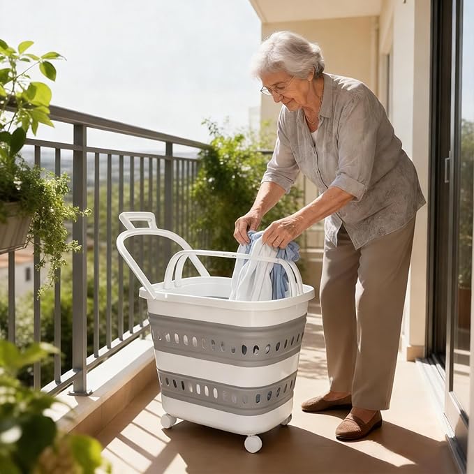 2 Pcs 50L Collapsible Plastic Laundry Basket Hamper with Wheels, Foldable Laundry Basket with Handles, Pop Up Storage Container Organizer for Washing Storage