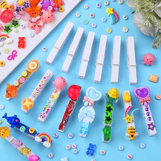 JOICEE 80 Set Cheer Pins Spirit Clips,Clothes pins Include 126 Mini Resin Animals Bows and Self Adhesive Stickers Pen 300 Beads Pearls for Backpacks Ribbon Team Classroom Cheer Gifts Bulk(White Wood)