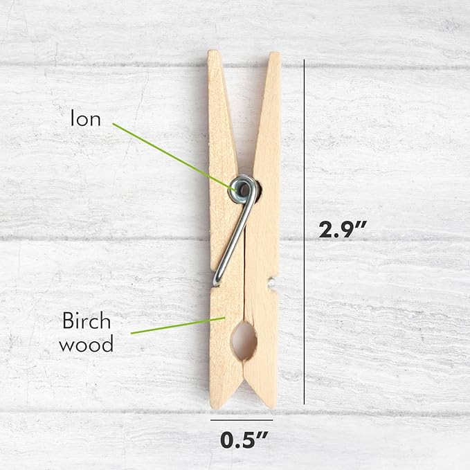 Zeno Clothes Pins Wooden – 50 Pack Wooden Clothespins 2.9 Inch with Rust-Resistant Coil, Natural Wood Clips for Laundry, Hanging Clothes, Crafts & DIY