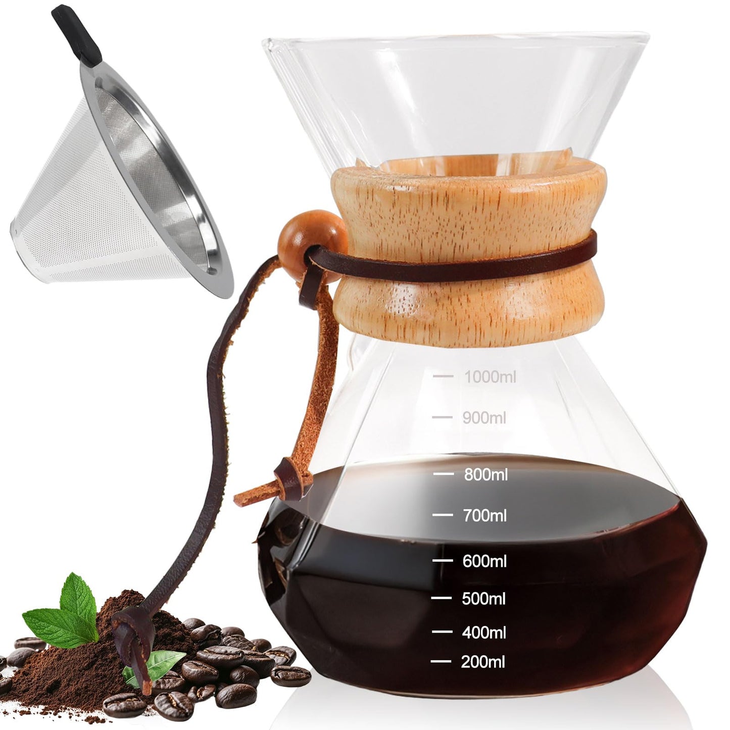 DITOSH Pour Over Coffee Maker 13.5oz Portable Glass Coffee Maker High Borosilicate Glass Eagle Beak Spout Design with 50 Pcs Filter Paper Walnut Wood Base for Pour Over for Daily Brewing 400ml