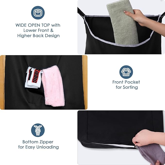 The Fine Living Co. Large Hanging Laundry Hamper with Over Door Hooks & Adhesive, Durable Space Saving Laundry Bag with Zipper and Wide Open Top, Hanging Dorm Laundry Hamper 18"x4.75"x28" (Black-L)