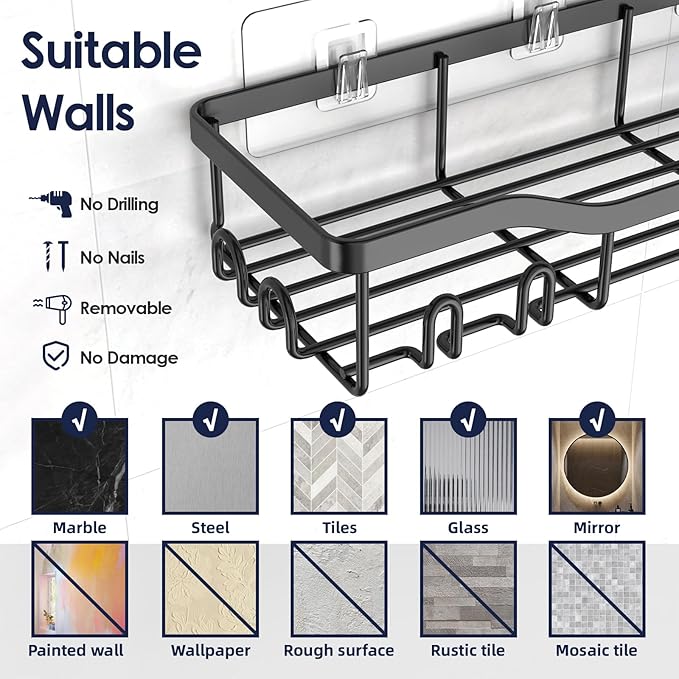 Shower Organizer Adhesive 2 Pack Shower Caddy Adhesive Replacement, Strong Hooks Shower Adhesive Strips, No Drilling for Bathroom Shower Storage Shelves and Kitchen Racks