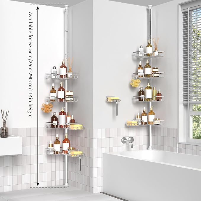 Shower Caddy Corner for Bathroom, Tension Pole, Adjustable 25in-114in Floor to Ceiling, Standing Shower Tension Rod Organizer, 4 Tier Storage Shelves with 2 Soap Holders/Hanging or Adhesive, Silver
