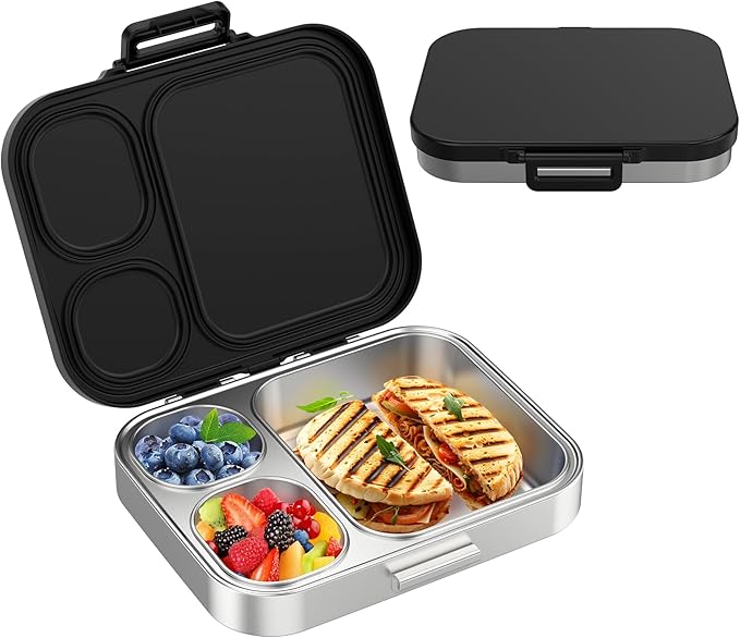 Pawtong Stainless Steel Bento Lunch Box for Kids | 3-Compartment Lunch Box Container Kids | 100% Leakproof, Eco-Friendly, Perfect Portion Control for Kids&Adult Healthy Meals (Blue)