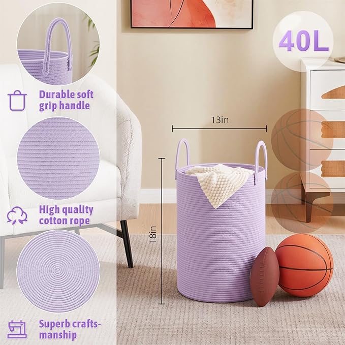Laundry Basket,Woven Cotton Rope Laundry Hamper,40L for Decorative Storage of Dirty Clothes,Toys and Blankets in Bathroom,Baby Room and Living Room