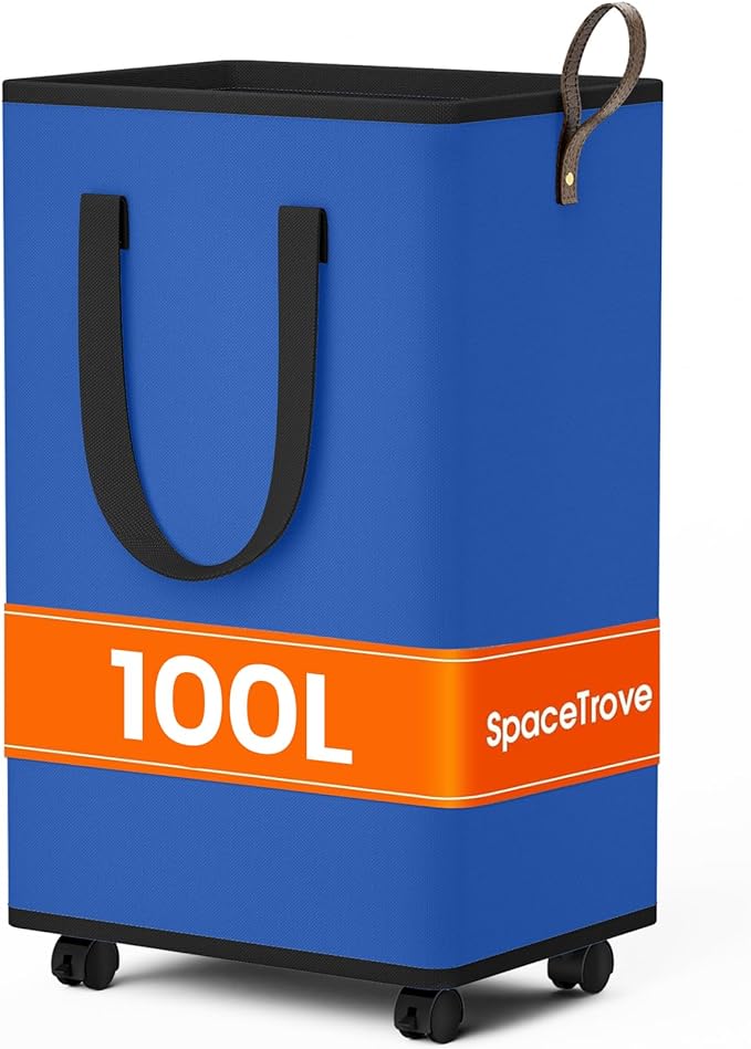 Laundry Basket with Wheels, Collapsible Laundry Baskets, Laundry Hamper with Handles Detachable Wheels, Rolling Laundry Basket, Dirty Clothes Hamper for Bathroom, Dorm, Bedroom, Blue, 100L