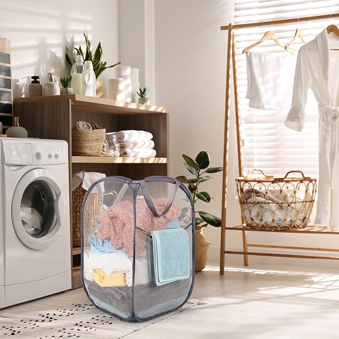BATTOO Deluxe Strong Mesh Pop up Laundry Hamper Basket with Side Pocket Foldable Hamper for Laundry Room, Bathroom, Kids Room, College Dorm or Travel Black + Grey