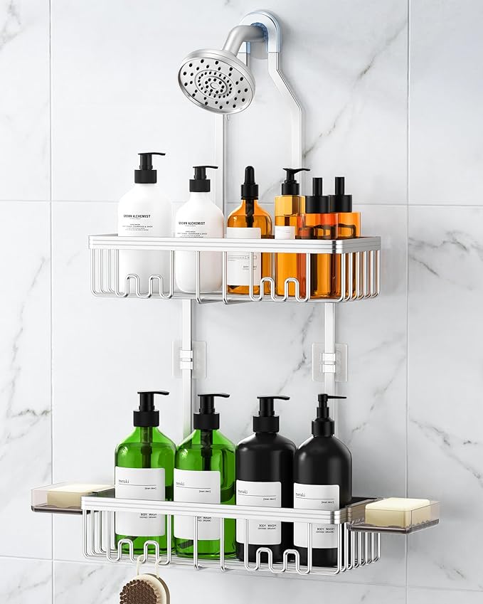 Shower Caddy Hanging, Shower Organizer Hanging, Aluminum Shower Racks for Inside Shower with Hooks for Razor, Never Rust Bathroom Organizers and Storage with Soap Holder, Bright Silver