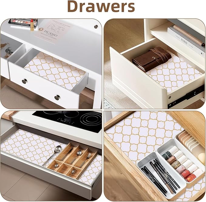 Shelf Drawer Liners for Kitchen Cabinets Non Adhesive Drawer Liner Thickened Refrigerator Liner Gold Quatrefoil Strong Non-Slip Paper for Tool Box with Knife and Tape Measure,17.3 x 236.2 Inches