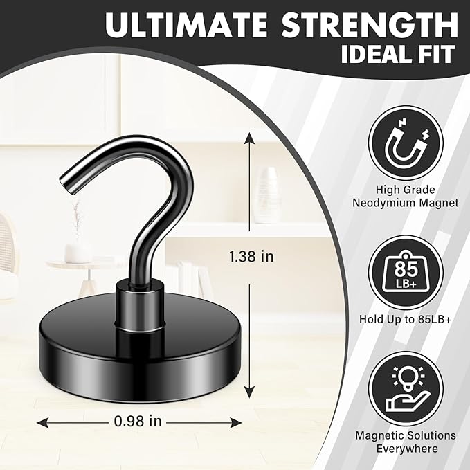 Black Magnetic Hooks, 85lbs Magnet Hooks for Hanging Mugs, Magnetic Key Holder for Fridge, Magnets for Classroom, Grill, Camper Accessories, Beach Vacation Essentials, Office Supplies, 8 Pack