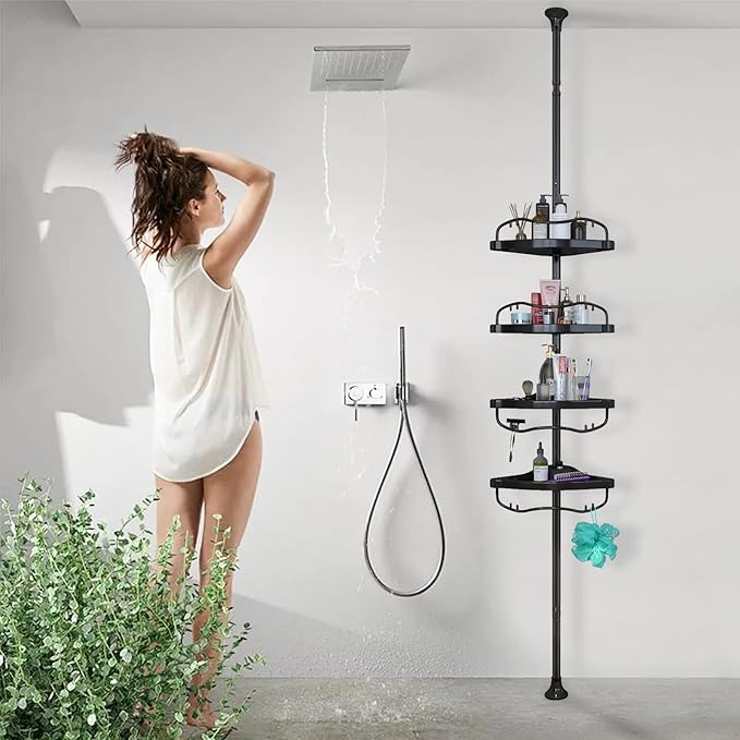 Shower Caddy,Shower Caddy Tension Pole with 4 ABS Baskets,Shower Storage Shelf with 56 to 125 Inch Adjustable Stainless Pole for Bathroom Black