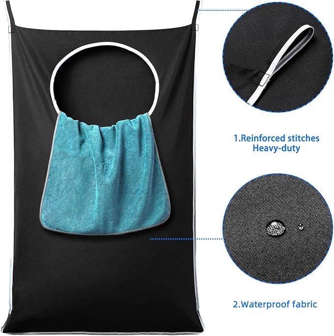 XL Hanging Laundry Hamper Bags, Door Laundry Hamper with 2 Types of Hooks for Dirty Clothes, Save Bathroom Space Size:36.5x 22 Inch Hanging Laundry Storage Bag (Black)