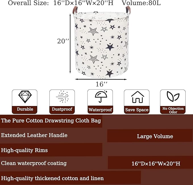 Waterproof Laundry Hamper Collapsible Laundry Basket Leather Handle Laundry Bag Large Clothes Storage Toy Organization for Bathroom Bedroom Laundryroom College Dorms (Caisanjiao-001)