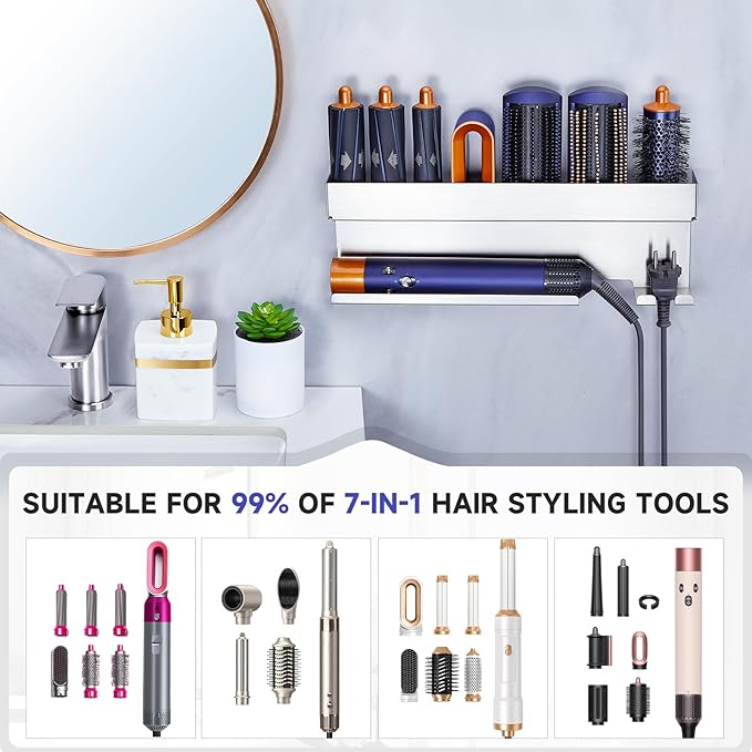 Storage Hair Dryer Holder for Curling Iron Wands Accessories, Hair Straightener Holder, Wall Mount Hair Tool Organizer for Styler Attachments, Curling Iron Holder Organizer for Bathroom, Silver
