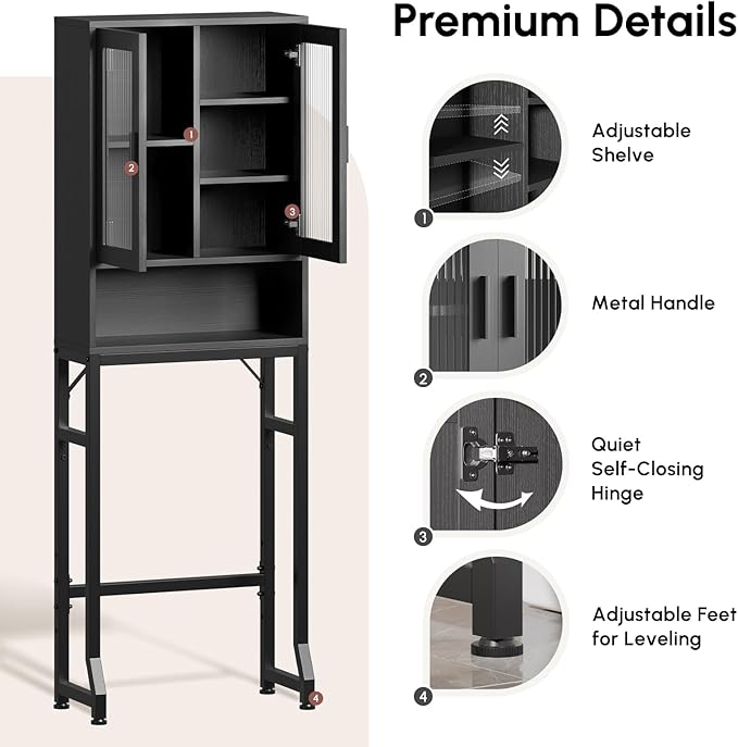 USHOWER Over The Toilet Storage Cabinet, Bathroom Organizers and Storage with Tempered Glass Doors, Thicken Metal Stand & MDF Wood Above Toilet Storage Cabinet, Freestanding Space Saver, Black