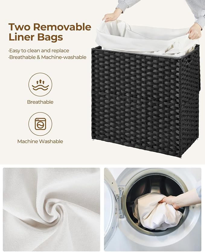 Greenstell Laundry Hamper with Lid, 125L Laundry Basket with 2 Removable Liner Bags & 2 Mesh Bags, Handwoven Synthetic Rattan Clothes Hamper for Clothes, Toys in Bathroom, Bedroom, Foldable, Black