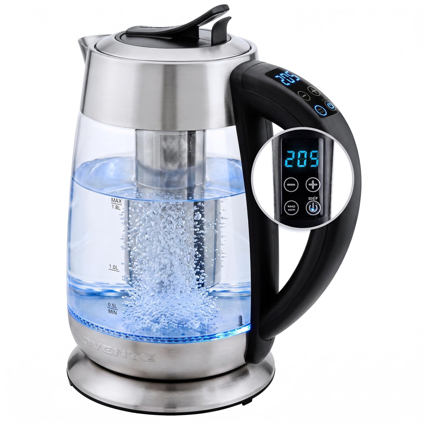 OVENTE 1.7L Glass Electric Kettle with Tea Infuser, Silver KD68S