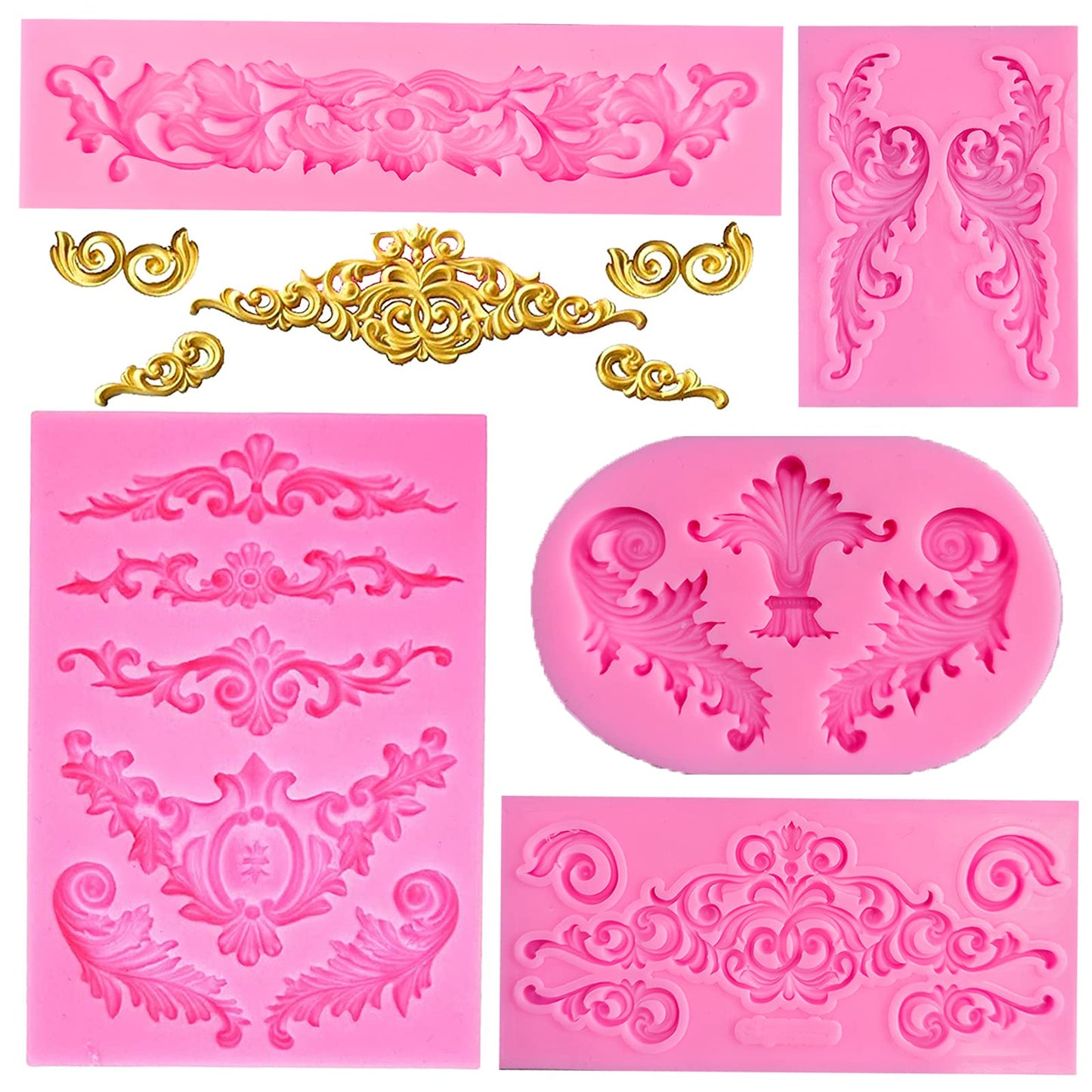 Rainmae 4 Pcs Baroque Fondant Silicone Molds, Relief Flower Lace Chocolate Mould, Scroll Lace Clay Mold, Filigree Mold 3D Sculpted Decoration, Cupcake Topper, Jewelry, Polymer Clay, Crafting Projects