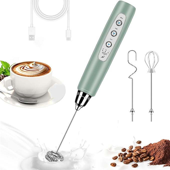 Milk Frother Wand Rechargeable Handheld Whisk Coffee 3 Speed Adjustable