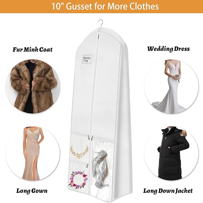 72" Wedding Dress Garment Bag with 10'' Gusseted Dress Bags for Gowns Long 4 Pockets Dress Cover for Women, White