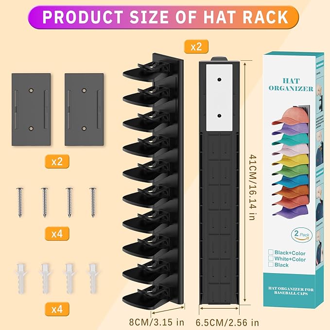 Hat Organizer for Baseball Caps, 2 Pack Hold Up to 40 Hats, Hat Rack for Wall Space Saving, Hat Hanger w/Strong Adhesive Hat Storage Holder Display for Closet Door and Wall (Black)