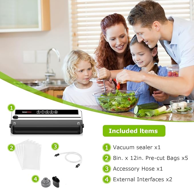 Bonsenkitchen Vacuum Sealer Machine, Built-in Cutter | Multifunctional Food Sealer for Sous Vide & Meal Prep, 5 Pre-Cut Bags, Black