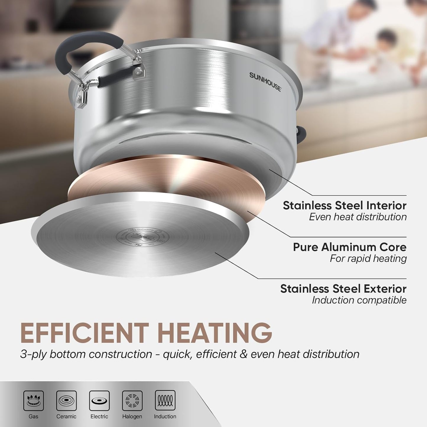Sunhouse: 2-Tier Stainless Steel Steamer Pots - 5.5 Quart - Tempered Glass Lid, 3-Ply Bottom, Vegetable-Dumpling-Food Cookware, Dishwasher & Oven Safe