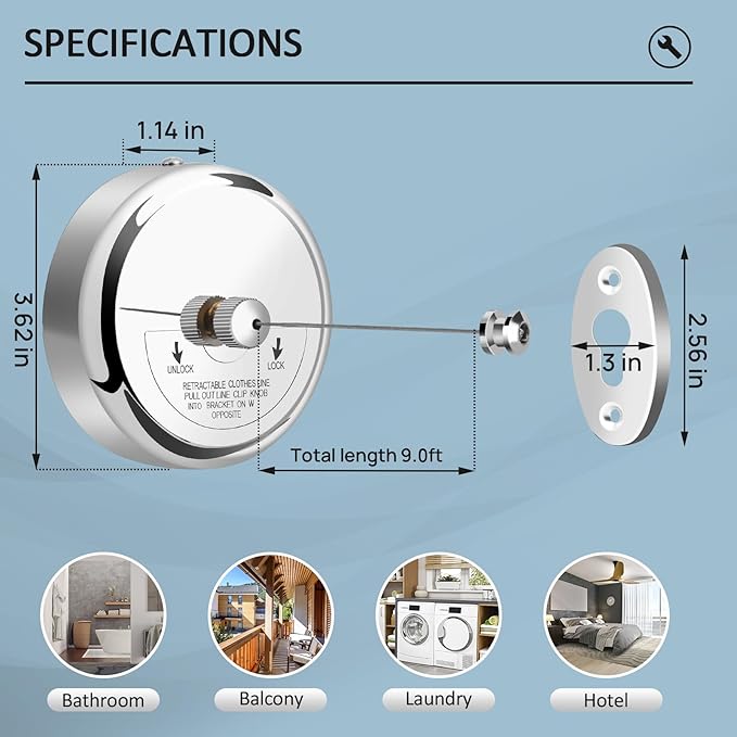 Retractable Clothesline 9.0 Feets, 304 Stainless Steel Clothes Line Dryer with Heavy Duty Adjustable Stainless Steel Rope String for Hanging Drying Bathroom, Laundry, Hotel, Indoor & Outdoor