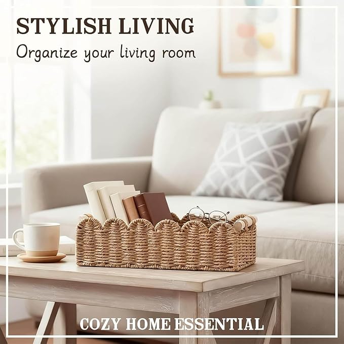 CubesLand Bathroom Basket Organizer, Toilet Tank Paper Storage Baskets 2-Pack, Scalloped Decorative Basket for Countertop w/Handle, Wicker Basket for Bathroom Decor, Home Decor, Living Room, Neutral