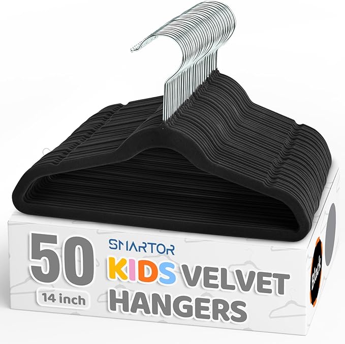 Smartor Premium 14 Inch Kids Hangers 50 Pack, Black Baby Velvet Hanger, Non Slip, Space Saving Felt Hangers Clothes Organizers for Closet with 360° Swivel Hook for Children, Toddler & Teens