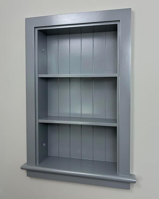 Fox Hollow Furnishings 14x24 Aiden Recessed Wall Niche Medicine Cabinet Replacement, in The Wall Bathroom Cabinet Insert Shelf/Shelves, Made in North America, Real Wood, NO MDF, Beadboard, Dark Gray