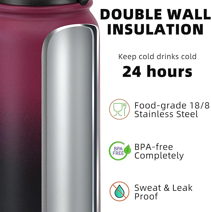 Fanhaw 24 oz Insulated Stainless Steel Water Bottle with Anti-Dust Chug Lid, Leakproof Vacuum Metal Bottle for Kids, Women & Men (Red Black)