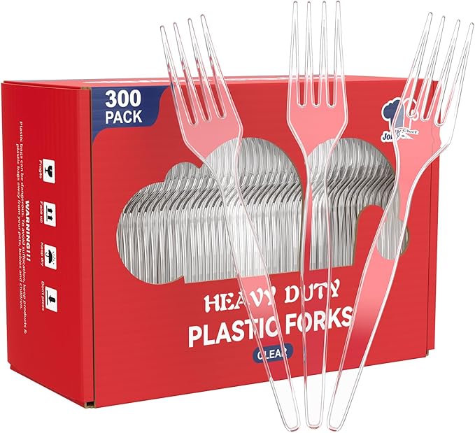 JOLLY CHEF 300 Count Clear Plastic Silverware, 100 Forks, 100 Spoons, 100 Knives, Heavy Duty Disposable Plastic Cutlery Set, Plasticware Bulk, Premium Clear Utensils for Party, Christmas