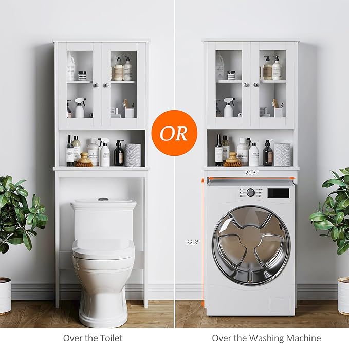 Meilocar Over The Toilet Storage Cabinet for Bathroom, Storage Organizer Over Toilet, Space Saver with Tempered Glass Doors, White