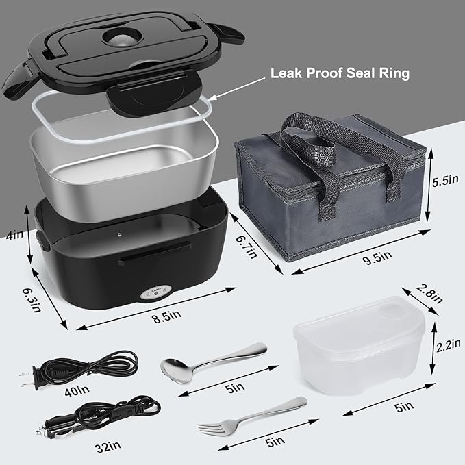 Vabaso Electric Lunch Box for Adults, 80W Heated LunchBox Portable Food Warmer Lunch Box for Work/Men/Car/Truck with 1.5L 304 Stainless Steel Container Fork & Spoon, 110V/12V/24V