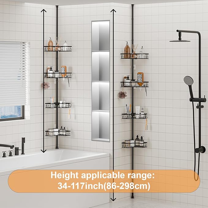 Corner Shower Caddy Tension Pole - 4-Tier Shower Corner Shelf for Bathtub Bathroom Shower Organizer - Adjustable 34in-120in, Space Saving Bathtub Accessory Shelves, Black