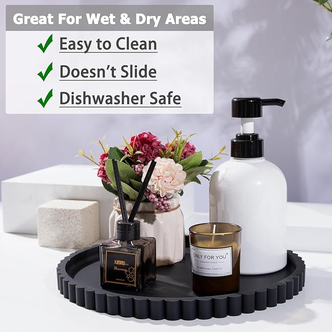 Silicone Bathroom Countertop and Vanity Tray-10 Inch Round Silicone Bathroom Tray, Modern Bathroom Decor, Coffee Table Decor, Decorative Tray for Candle, Perfume, Plants (Black)