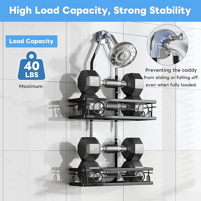 Adjustable Shower Caddy Hanging Rustproof Large-Capacity Bathroom Organizer Shower Racks with Hooks for Razor Bathroom Organizers and Storage