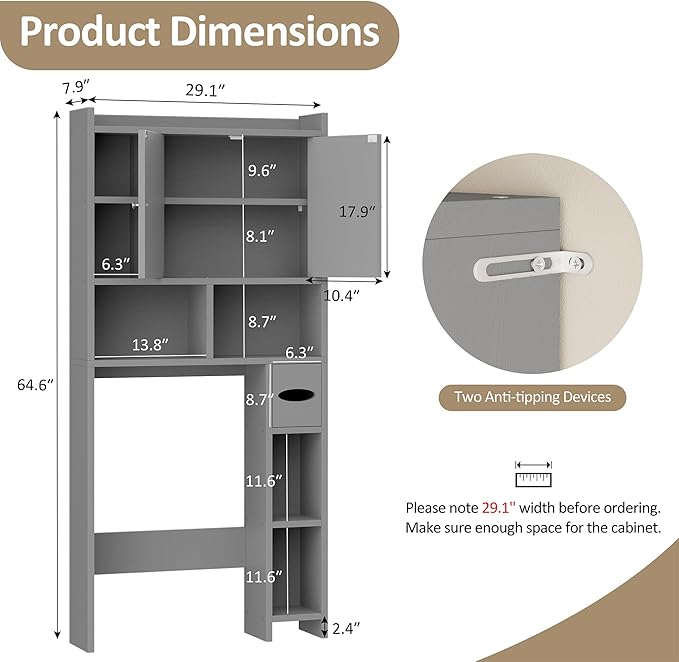 Meilocar Over The Toilet Storage Cabinet, Freestanding Farmhouse Storage Cabinet Over Toilet, Bathroom Organizer with Paper Holder Stand and Adjustable Shelf, Grey