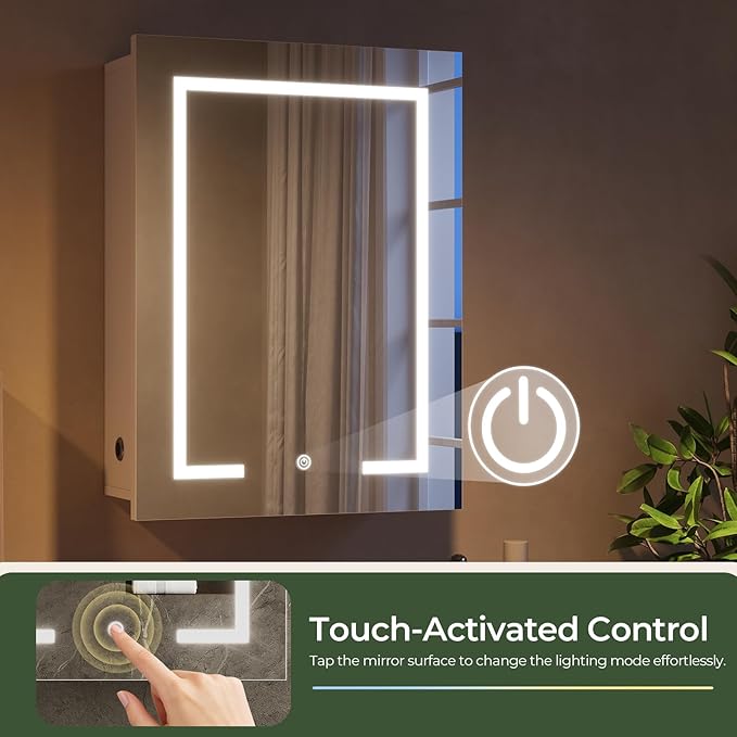 LED Lighted Bathroom Medicine Cabinet with Mirror, Bathroom Vanity Mirror with Storage, Wall-Mounted Storage Cabinet with Adjustable Shelves, Touch-Sensitive Control, 3 Color Lighting, White